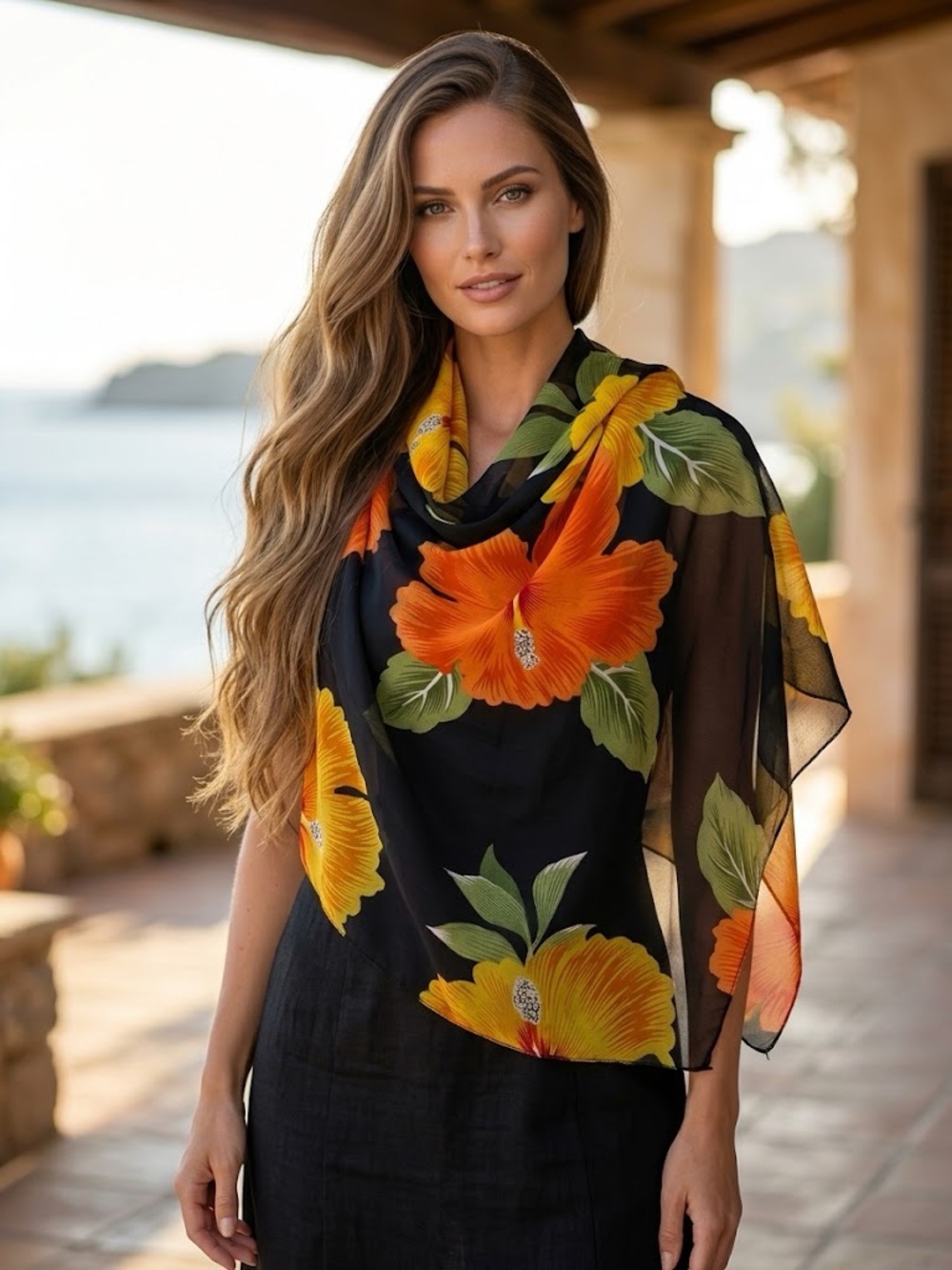 Black Sheer Floral Scarf with Orange & Yellow Hibiscus - Unknown Brand